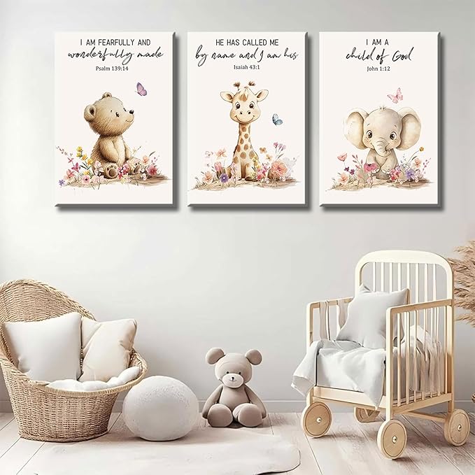 3Pcs Nursery Animal Bible Verse Canvas Wall Art Cute Bear Elephant Giraffe Wall Decor Pictures Christian Baby Nursery Posters Prints for Kids Boys Girls Room Home Decoration 16x24in