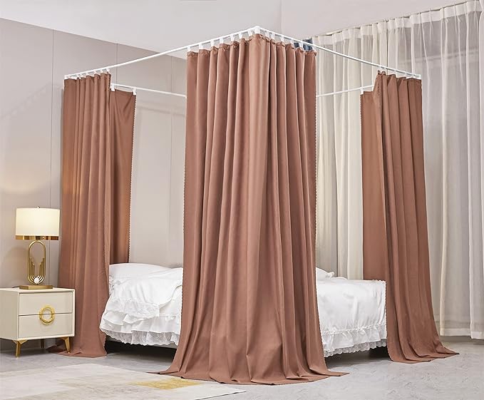 VETHIN Elastic Roof Style Four Corner Post Princess Bed Canopy Curtains Cozy Breathable Tent Canopy Mosquito Net for Girls & Adults Bedroom Decoration (Brown, 70-78" W*86" L*82"*H/(King))