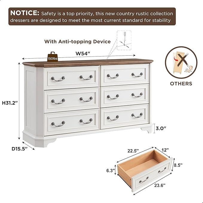 T4TREAM Farmhouse 6 Drawers Dresser for Bedroom, 54" Wide Wood Rustic Chest of Drawers with Natural Texture, Vintage Design, Storage Dressers Organizer for Bedroom, Living Room, Antique White