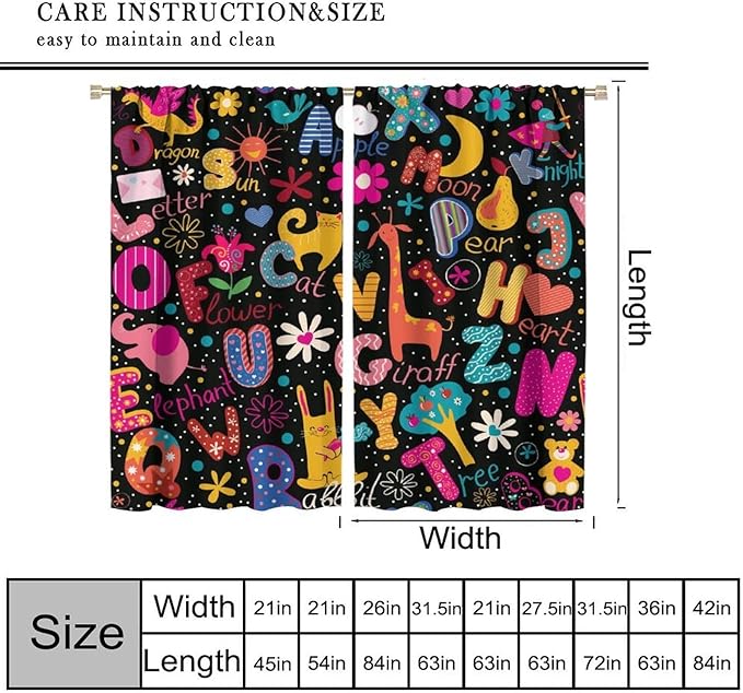 Cartoon Alphabet Curtains Funny Education Animal Giraffe Curtain with Rod Pocket for Bedroom Living Room Home Decor Drapes Thermal Insulated Window Treatments 2 Panels Set 84" W X 84" L