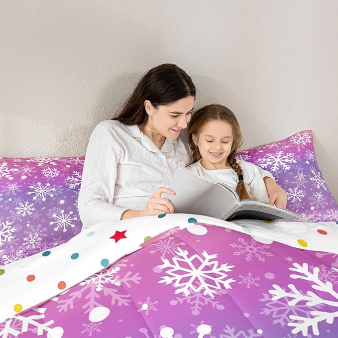 Feelyou Christmas Comforter Set All Season Pink Purple Bedding Set with 2 Pillow Cases Winter Snowflake Microfiber Kids Full Bedclothes New Year Holiday Bedroom Decor Duvet Quilt Soft Lightweight