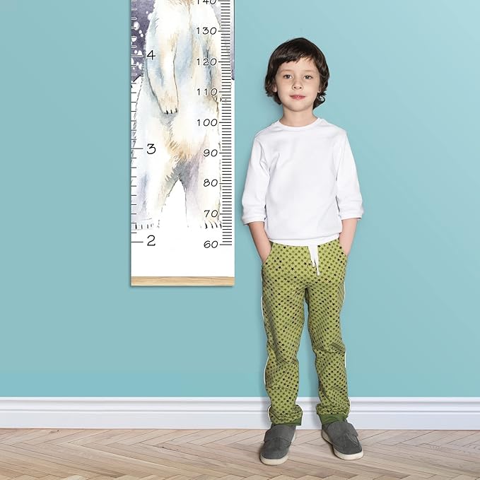 Personalized Kids Name Growth Chart Ruler for Wall Wood Frame Height Measure Chart 13.4x56 in Linen Hanging Height Growth Chart Winter Snow Animal Polar Bear Kids Room Decor