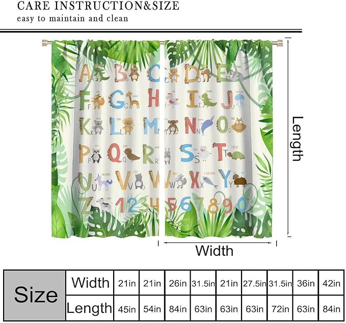 Kids Animal Alphabet Curtain Tropical Plant Alphabet Educational Printed Rod Pocket Blackout Window Drapes for Bedroom Living Room Nursery School 42" W X 54" L