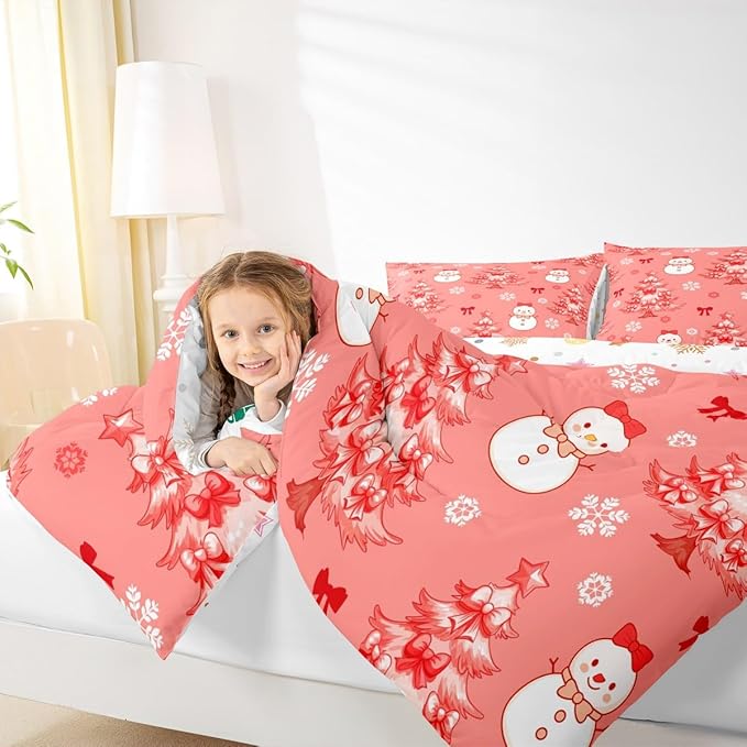 Feelyou Merry Christmas Kids Comforter Set Toddler Size Cute Snowman Bedding Set Cartoon Bowknot Duvet Quilt for Kids Boys Girls Bedroom Christmas Tree Decor Microfiber Ultra Soft Breathable