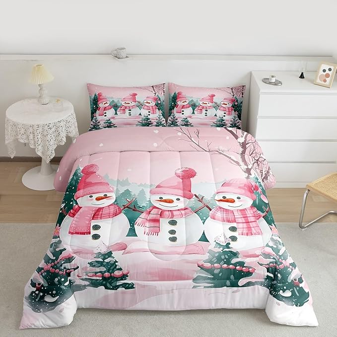 Feelyou Pink Christmas Kids Comforter Set Full Size Merry Christmas Tree and Snowman Bedding Set Cute Snowman Duvet Quilt for Kids Boys Girls Bedroom Xmas Snowflake Decor Kawaii Ultra Soft Breathable