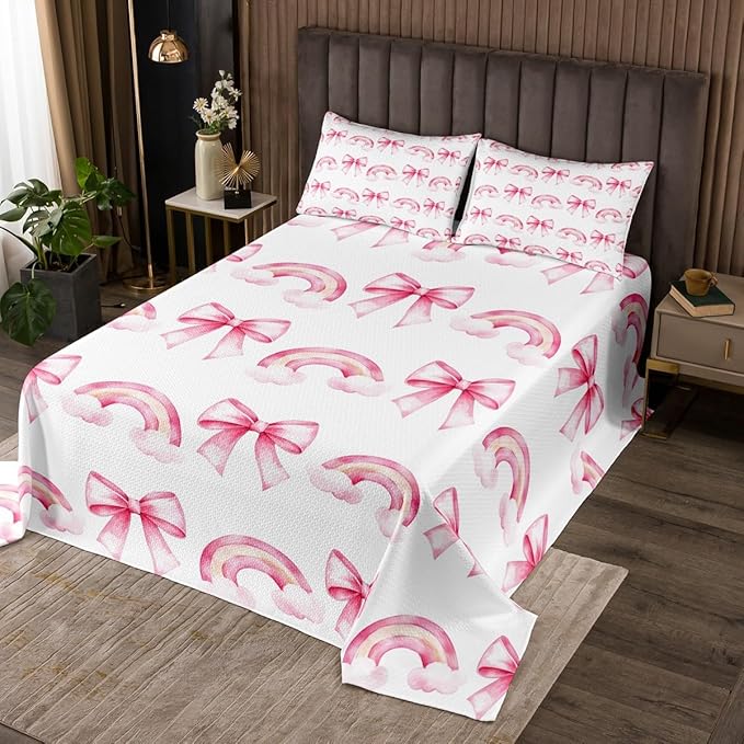 Manfei Pink Bowknot Princess Bedspread Queen Size,Rainbow Cloud Bow Tie Toddler Coverlet Set,Girls Women Room Decor,Bow Princess Tale Style Quilted Coverlet,Cartoon Dreamy Bedding Quilt,2 Pillowcases