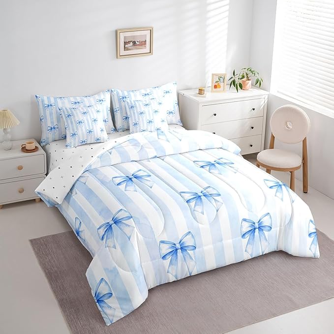 7 Pieces Blue Bowknot Kids Comforter Full Size,Geometric Stripes Bow Tie Patchwork Dreamy Girls Bedding Set,Butterfly Knot Princess Cute（Comforter+Fitted+Flat+2 Pillowcases+2 Throw Pillow Covers）