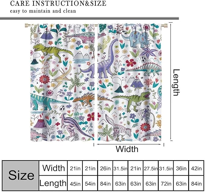 Dinosaur Curtains Cartoon Cool Funny Dino Tropical Plant Leaves Flowers Aesthetics Art Print for Kids Boys Bedroom Living Room Rod Pocket Decoration Window Drapes 2 Panels W31.5xL63in