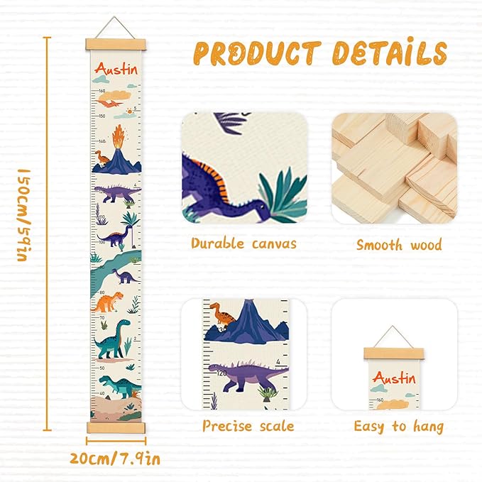 Customize Name Canvas Growth Chart for Kids, Dinosaur Unisex Kids Room Wall Decor, Measuring Height Chart, Wall Tape with Height Chart for Kids, Foldable Height Tracker, Lightweight