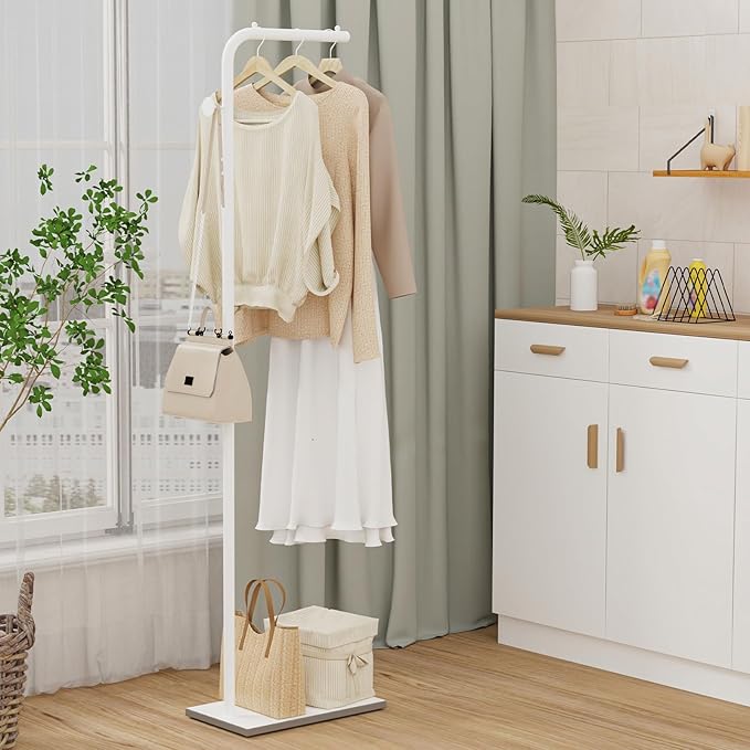 OUTBROS Metal Coat Rack, L-shaped Modern Hanger with Hooks, Freestanding Clothes Rack, Used in Bedroom, Entrance, 15.3 x 10.2 x 70.8 inch, White