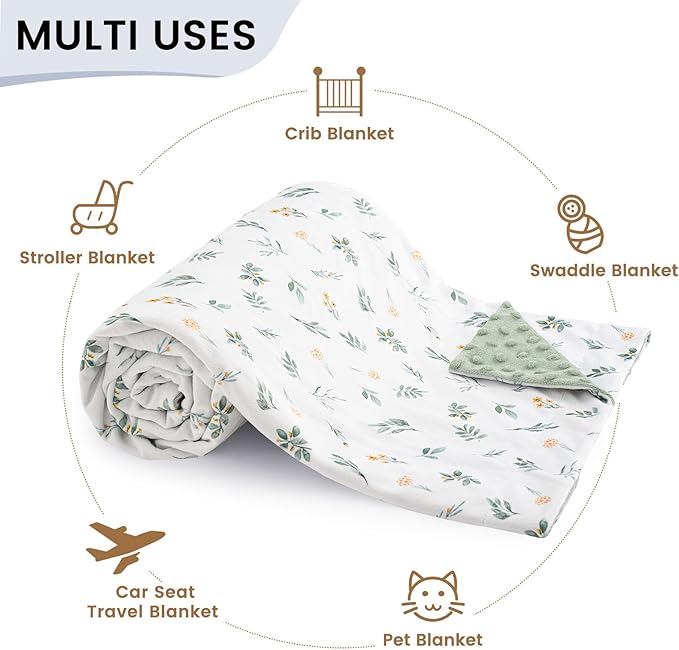 david's kids Micro Fleece Minky Baby Blanket for Boys Girls with Double Layer and Soothing Raised Dots, Breathable and Soft Lightweight Receiving Blanket for Newborns, 40x50 Inches, Leaf & Floral