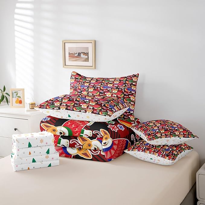Feelyou Cute Dog Comforter Set with Sheets Cartoon Christmas Bed Set for Kids Boys Girls Merry Christmas Decor Bed in a Bag Red Geometric Lattice Bedding Set Bedroom Collection Queen Size