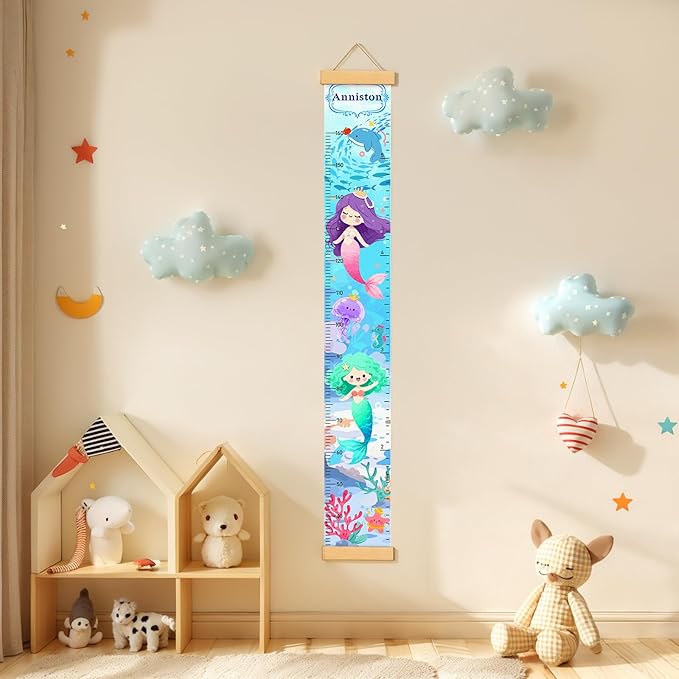 Personalized Name Height Chart for Kids, Kids Growth Chart for Wall, 59" X 7.9" Canvas Removable Height Chart Measuring Ruler for Kids & Baby(Painted Ocean）