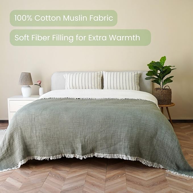 Cotton Muslin Blanket – Soft Muslin Comforter Quilt Made from Premium Muslin Fabric, Lightweight Breathable Cotton Quilt for All Seasons (Sage Gray, Twin)