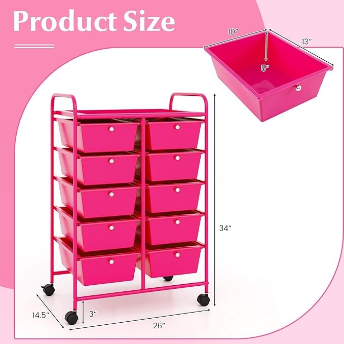 RELAX4LIFE 10-Drawer Rolling Storage Cart - Mobile Craft Art Supply Storage Organizer for Tool Scrapbook Paper Salon, Office School Classroom Teacher Rolling Cart with Drawers, Utility Cart on Wheels