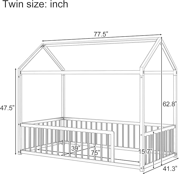 Montessori Style Metal Floor Bed Frame, House Shaped Bed with Fence for Kids and Toddlers, Easy Assemble, No Slats, Twin Size, White
