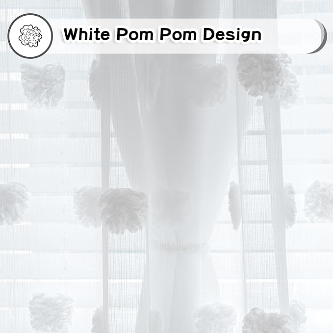 MYSKY HOME Kids Curtains for Girls Bedroom Double Layer Curtain for Daughter Room 84 Inches Long Pom Pom Sheer Drapes White Curtains for Living Room Grommet Room Darkening Panels W52 X L84