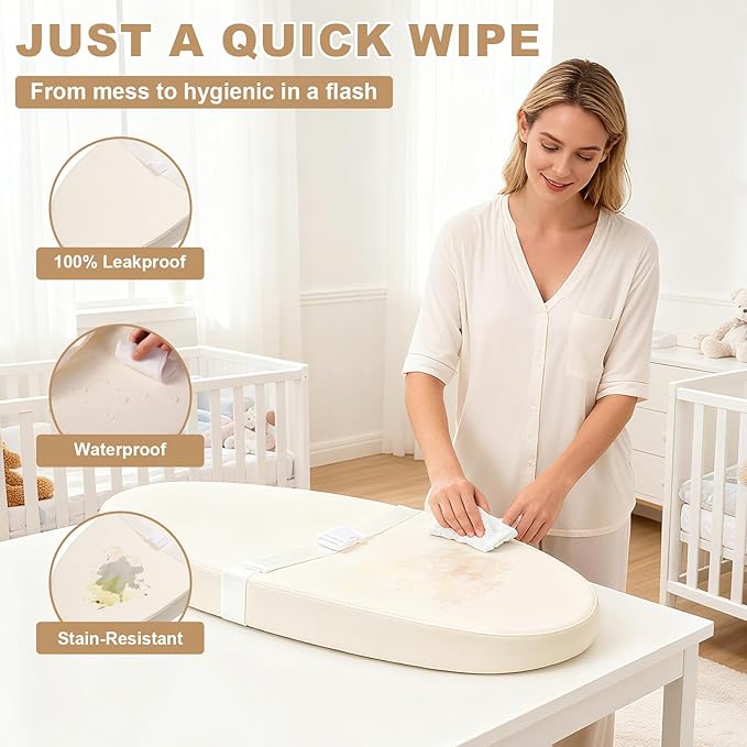 Baby Changing Pad for Dresser, with Wipeable Waterproof PU Cover, Contoured Diaper Changing Pad with Non-Slip Safety Belt, Portable Lightweight Changing Mat with Cushioned Foam, Beige