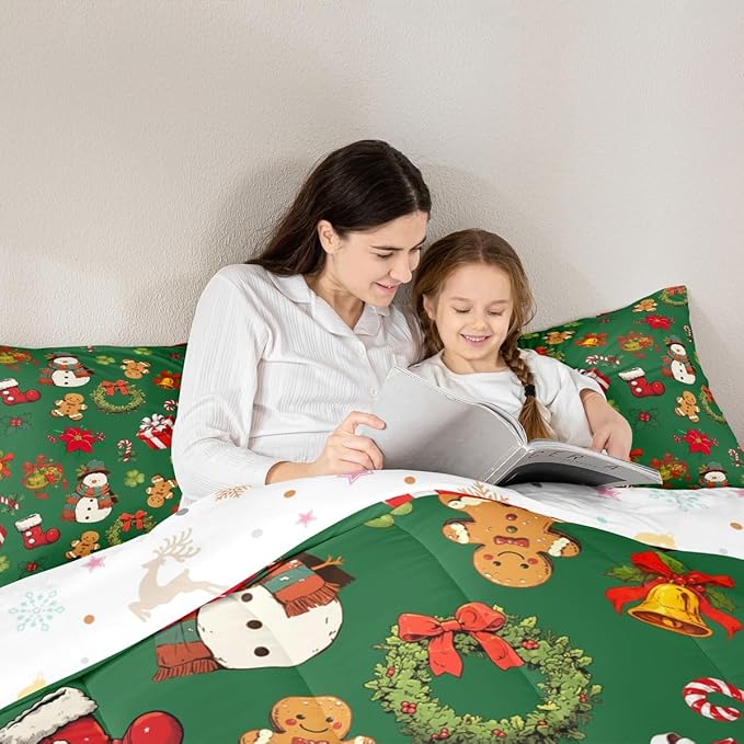 jejeloiu Merry Christmas Comforter Set King Size Cute Snowman Bedding Set for Kids Boys Girls Gingerbread Man Duvet Quilt Green Bedroom Decor