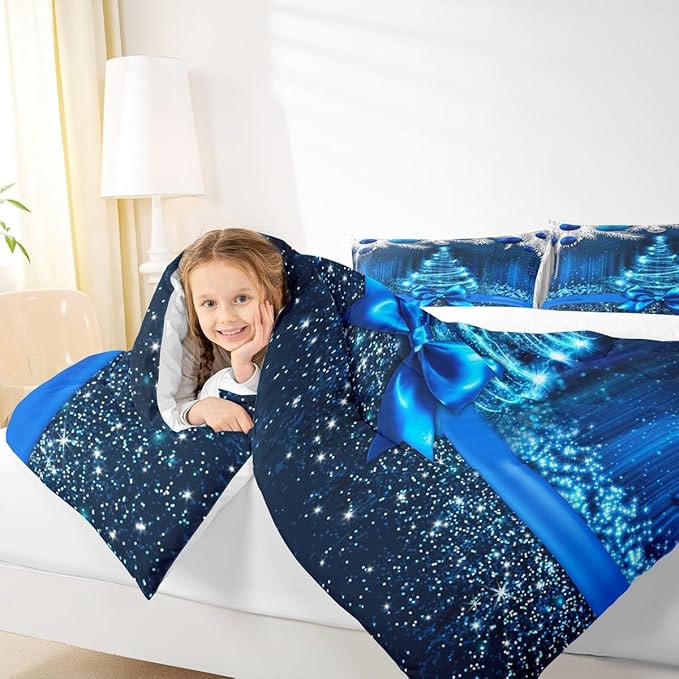 Merry Christmas Kids Comforter Set Full Size,Snowflake Christmas Tree Bowknot Bedding Set,Girls Boys Adults Xmas Decor,Blue Gradient Line Glitter Down Comforter,Romantic Duvet Insert,2 Pillowcases