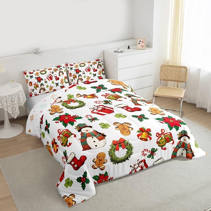 jejeloiu Merry Christmas Comforter Set Queen Size Cute Snowman Bedding Set for Kids Boys Girls Gingerbread Man Duvet Quilt White Bedroom Decor