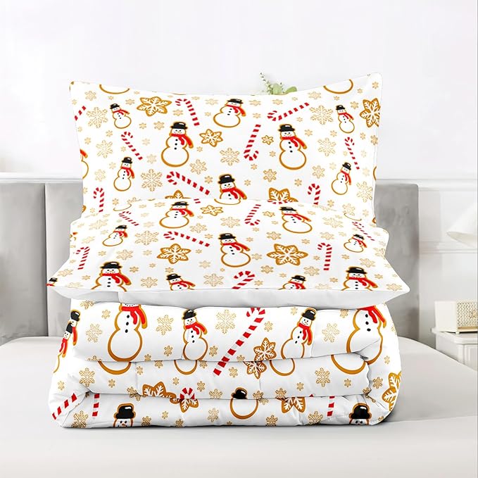 Raphus cucullatus Christmas Bedding Full,Snowman Christmas Comforter Set,Holiday Bedding Winter Quilt,Snowflake Navidad Comforter Set Full,Cute Candy Cane Quilt