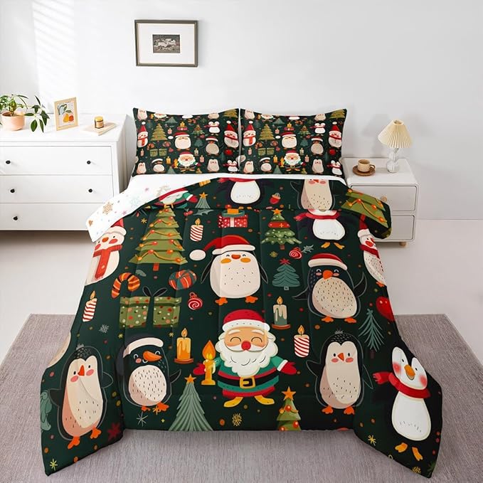 Feelyou Christmas Bedding Set Soft for Boys Girls, Penguin Santa Comforter Set Queen Size Xmas Tree Snowflake Duvet Quilt Microfiber New Year Gift Bedroom Decor 3 Pcs with 2 Pillow Cases