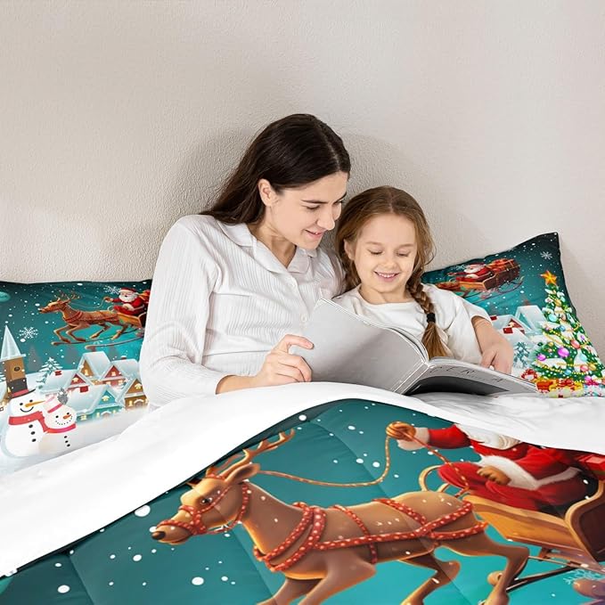Manfei Christmas Comforter Set Queen Size, Xmas Tree Snowman Bedding Set 3pcs for Kids Boys Girls Room Decor, Santa Claus with Reindeer Quilt Set New Year Theme Duvet Set with 2 Pillowcases