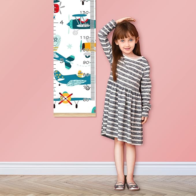 Personalized Kids Name Growth Chart Ruler for Wall Wood Frame Height Measure Chart 13.4x56 in Linen Hanging Height Growth Chart Colorful Plane Helicopter Kids Room Decor