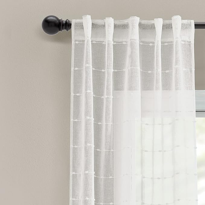 Lush Decor Farmhouse Textured Back Tab/Rod Pocket Sheer Window Curtain Panel Pair, 38"W x 84"L, White