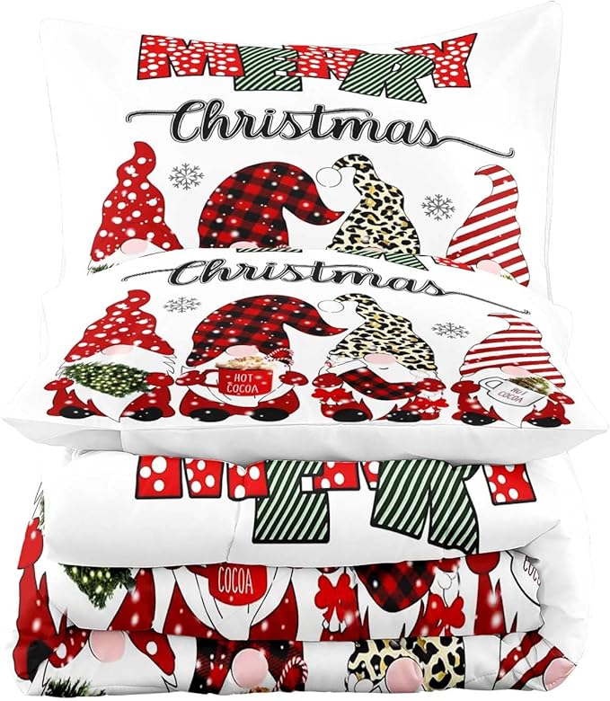 LUVIVIHOME 3PCS Merry Christmas Comforter Set King Size, Cute Gnome Bedding, Red Buffalo Plaid Striped Holiday New Year Xmas Bedding, Boys Girls Teens Kids Bedroom Decor, White Quilt, 2 Pillow Cases
