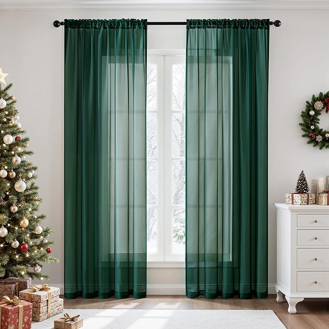 MIULEE 2 Panels Christmas Solid Color Sheer Window Curtains Elegant Window Voile Panels/Drapes/Treatment for Bedroom Living Room (54X108 Inches Hunter Green)