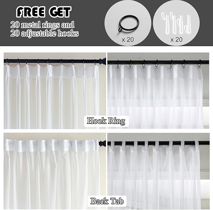 White Sheer Curtains 84 Inches Long 2 Panels, Thin Textured Linen Look Window Sheers, Pinch Pleated Drapes for Living Room, Sliding Glass Door Curtain with Rings & Hooks & Back Tab