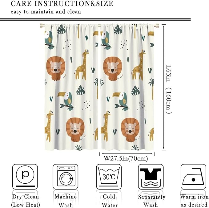 Cute Lion Window Curtains for Kids Bedroom,Cartoon Woodland Jungle Forest Wildlife Little Lion Giraffe Owl Palm Tree Printed Pattern Blackout Drapes for Living Room Baby Nursery Room 55x63in