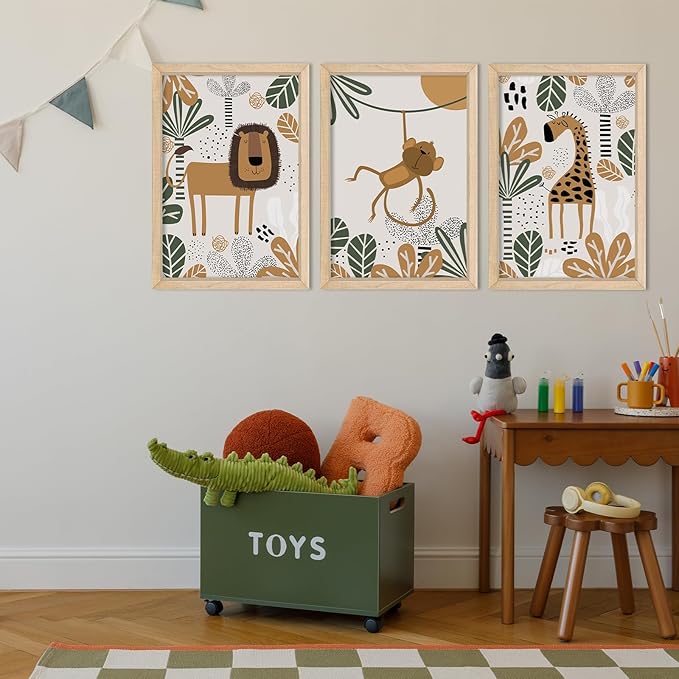 YWJKWLGS Kids Safari Animal Wall Decor, 3 Piece Nursery Art for Baby Room 11"x16" Jungle Theme Cute Lion Monkey Giraffe Prints Sign Wood Framed for Children's Room Toddler Bedroom Decoration (Wood)