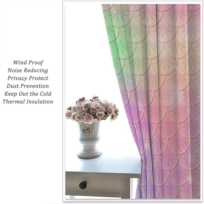 Mermaid Curtains, Kids Cartoon Watercolor Sea Animals Mermaid Princess Scales Pattern Print Living Room Decoration for Kids Girls Bedroom Nursery 63x63 Inch