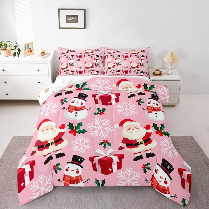 jejeloiu Merry Christmas Comforter Set Full Size Xmas Santa Claus Bedding Set for Kids Boys Girls Cute Snowman Duvet Quilt Pink Bedroom Decor