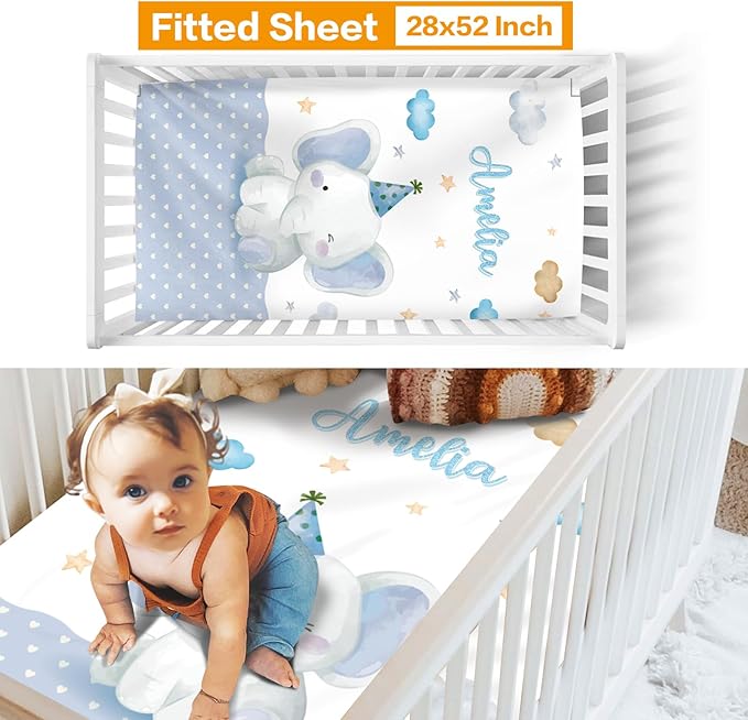 Custom Crib Bedding Set - Elephant Design Personalized Name Baby Nursery Bedding 3 Pcs Set - Chic Soft Blanket, Sheet, Pillowcase for Newborns Boys Girls Gifts Color06