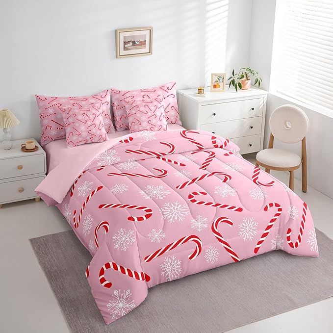 Erosebridal Xmas Candy Cane Twin Bedding Set 7 Piece,Merry Christmas Bed in A Bag for Kids Boys Girls,White Snowflake Comforter Set Pink Christmas Ornaments Sheet Set with Comforter