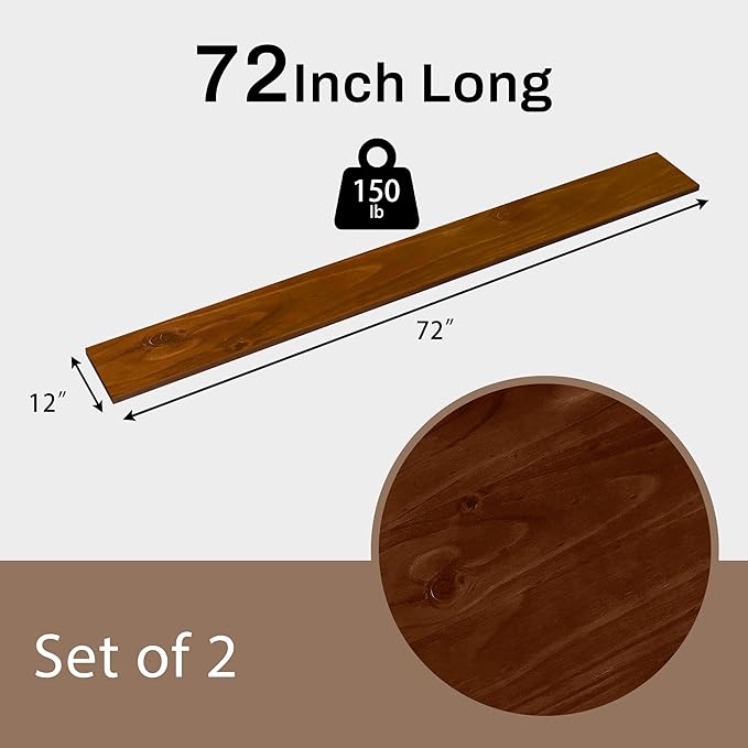 12x72 Inch Rustic Wood Floating Shelves 2-Pack - Farmhouse Walnut Wall Shelves with 100 lbs Capacity, Easy Installation for Living Room, Kitchen, Bathroom