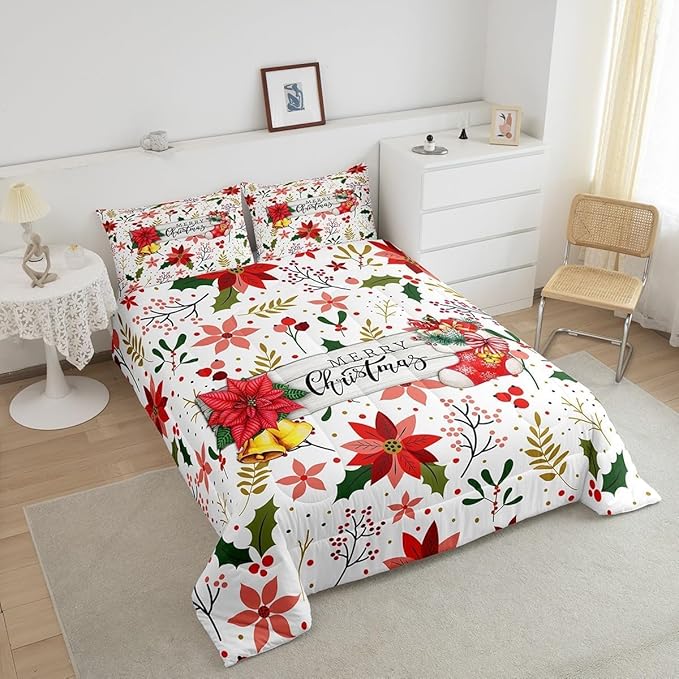 Castle Fairy Merry Christmas Comforter Set Toddler Size,Red Xmas Flowers Berry Leaves Plant Bedding Set with 1 Pillowcase,Floral Themed Bell Socks Print Quilted Duvet Set for Kids Boys Men, White