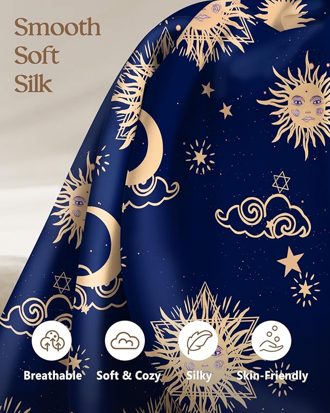 Silk Pillowcase 2 Pack - Pillow Cases 20" x 30" Queen Size Set of 2 for Hair and Skin Smooth Soft Breathable with Hidden Zipper Cooling Pillow Covers for Sleeping,Sun Moon Sign