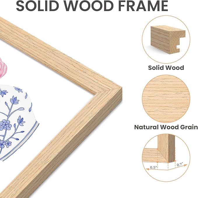 CHMMART 3 Piece Pink Floral Framed Wall Art Blue and White Chinoiserie Flower Canvas Art Prints Peony Pictures Wall Decor Painting Artwork for Living Room Bedroom Bathroom 16x20in
