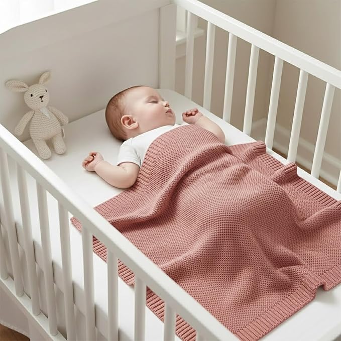 Baby Knit Blanket Soft Cotton Lightweight Newborn Blanket for Crib Stroller Toddler Nursery Shower Gift Cozy Breathable Travel Swaddle Wrap Rose Pink 30 x 40 Inches