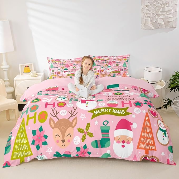 Feelyou Kids Pink Merry Christmas Bedding Set Twin Merry Christmas Tree and Snowman Duvet Cover for Bedroom Decor Xmas Comforter Cover Set Snowflake Holiday Bedspread Cover with 1 Pillow Case