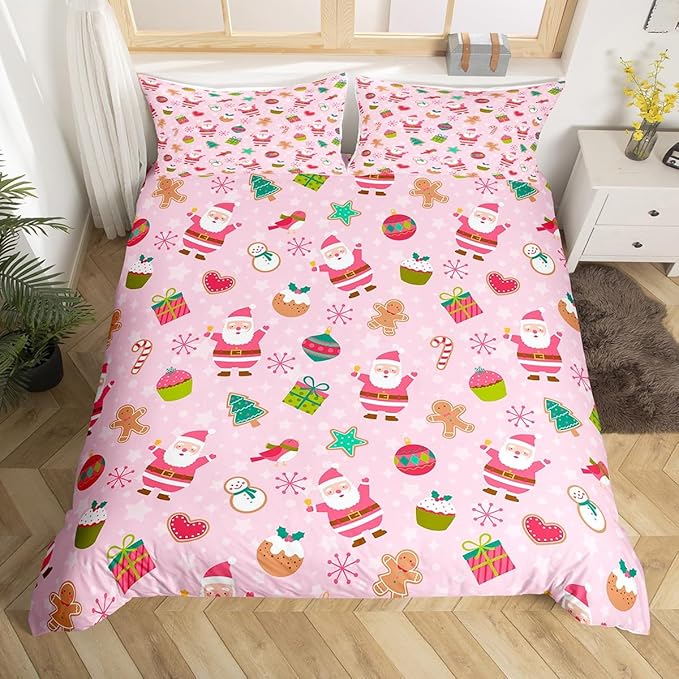 Manfei Christmas Duvet Cover Set Twin Size, Santa Claus Xmas Trees Snowflake Comforter Cover with 1 Pillowcase, New Year Pink Bedding Set 2pcs for Kids Girls Lightweight Bedspread Cover,No Comforter
