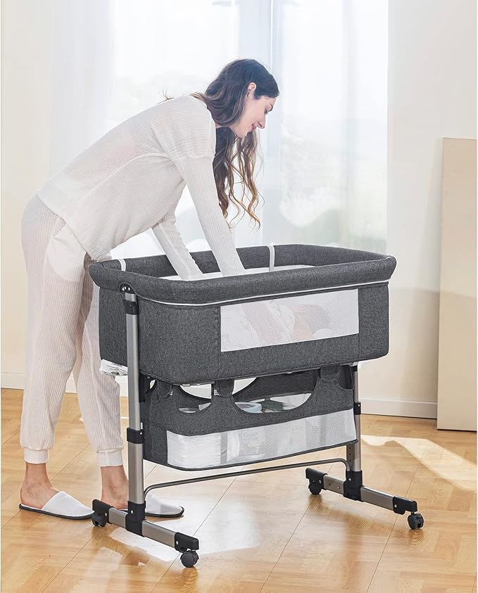 Ihoming Baby Bassinet Bedside Sleeper, Baby Bed Side Crib with Storage Basket, Easy Folding Bassinets, Adjustable Baby Bed for Infant Newborn, Gray