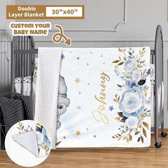 Custom Baby Crib Bedding Set, 3 Pcs Personalized Nursery Bedding Set with Name, Soft Baby Bedding Crib Sets with Blanket - Toddler Crib Sets for Girls Boys, Infant Newborn Gifts, Blue Elephant