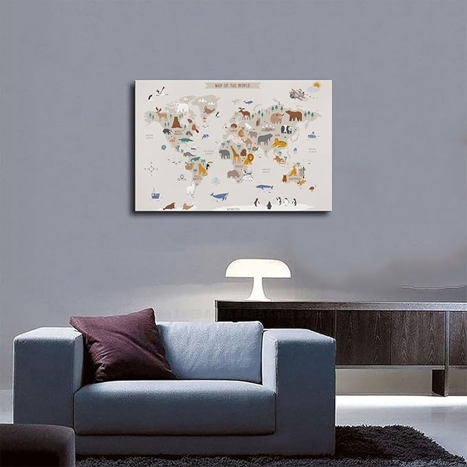 KIPNG Kids World Map - Playroom Animal World Map - Nursery Educational Poster Canvas Poster Wall Art Picture Paintings for Living Room Bedroom Decoration Unframe-style16x24inch(40x60cm)
