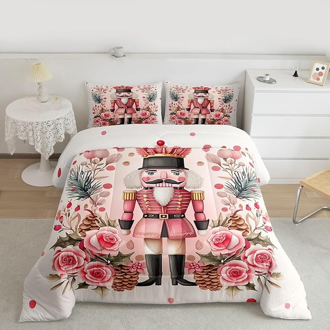 Feelyou Christmas Decor Nutcrackers Comforter Set All Season Pink Christmas Bedding Set with 1 Pillow Cases Funny Nutcracker Kids Toddler Bedclothes Rose Decor Berries Duvet Quilt Soft Lightweight